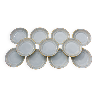 11 Assiettes à Dessert en Porcelaine Blanc et Or Art Déco