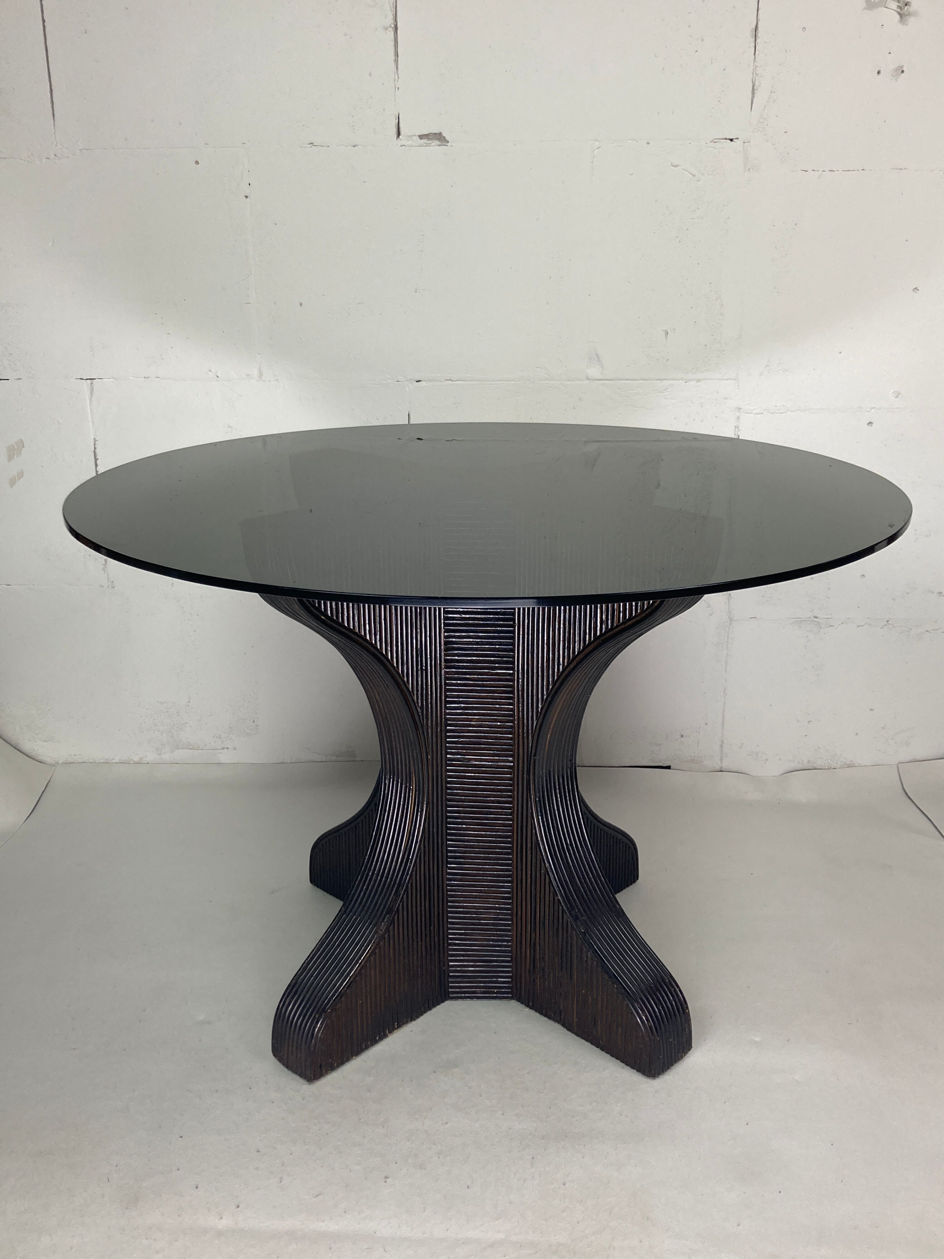 Pencil reed rattan bamboo dining or side table base with smoked glass top, 1970s