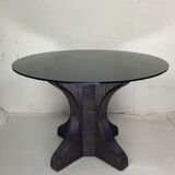 Pencil reed rattan bamboo dining or side table base with smoked glass top, 1970s