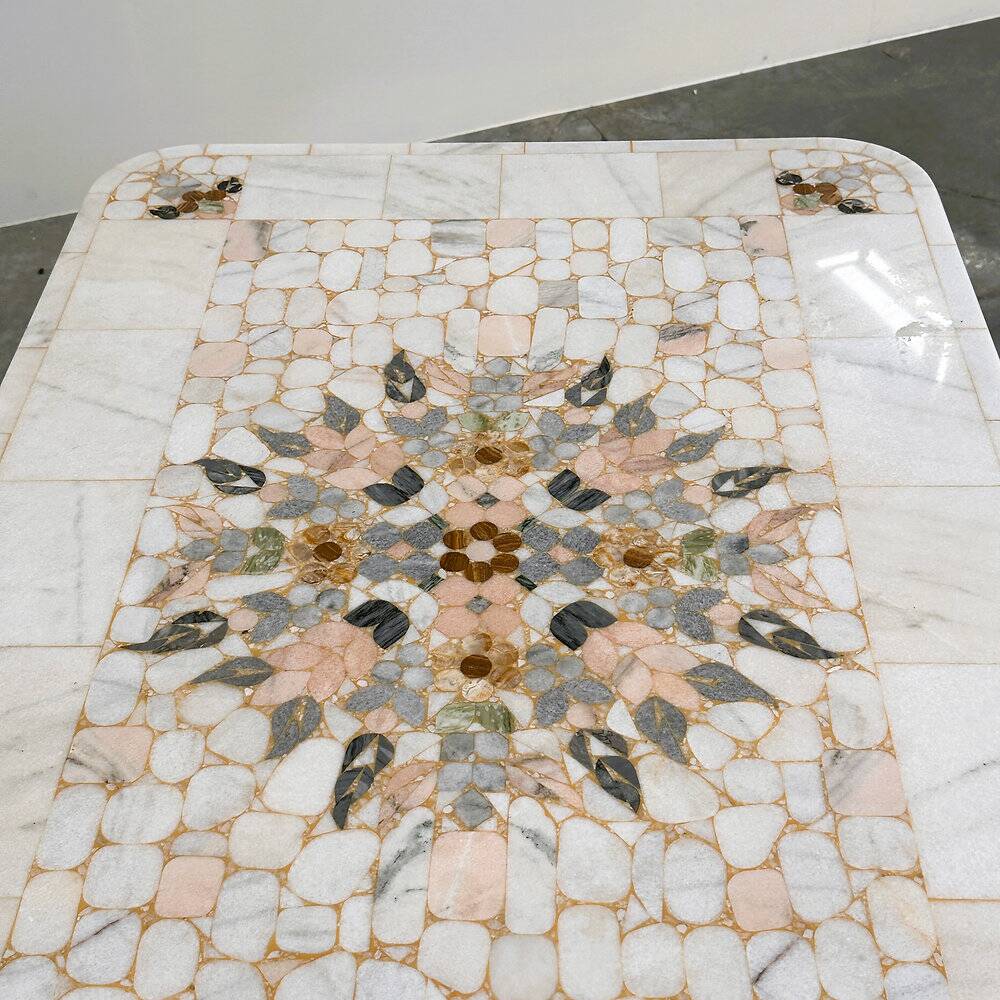 Large Italian pietra dura marble mosaic coffee table, floral inlay, Carrara marble