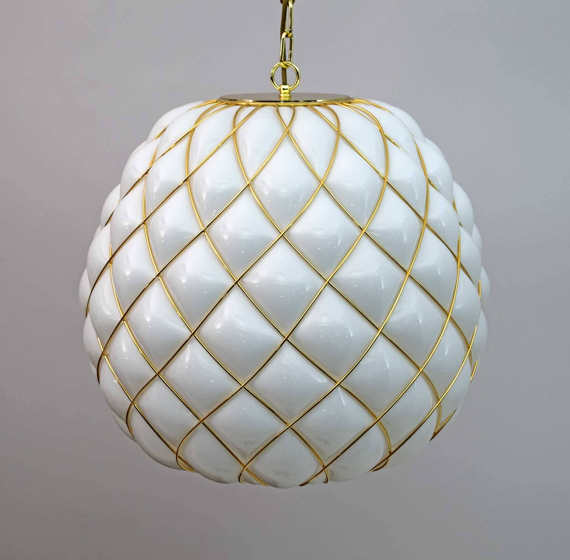 Modern Brass and Caged Murano Glass Large Pendant Lamp Fontana Arte Style
