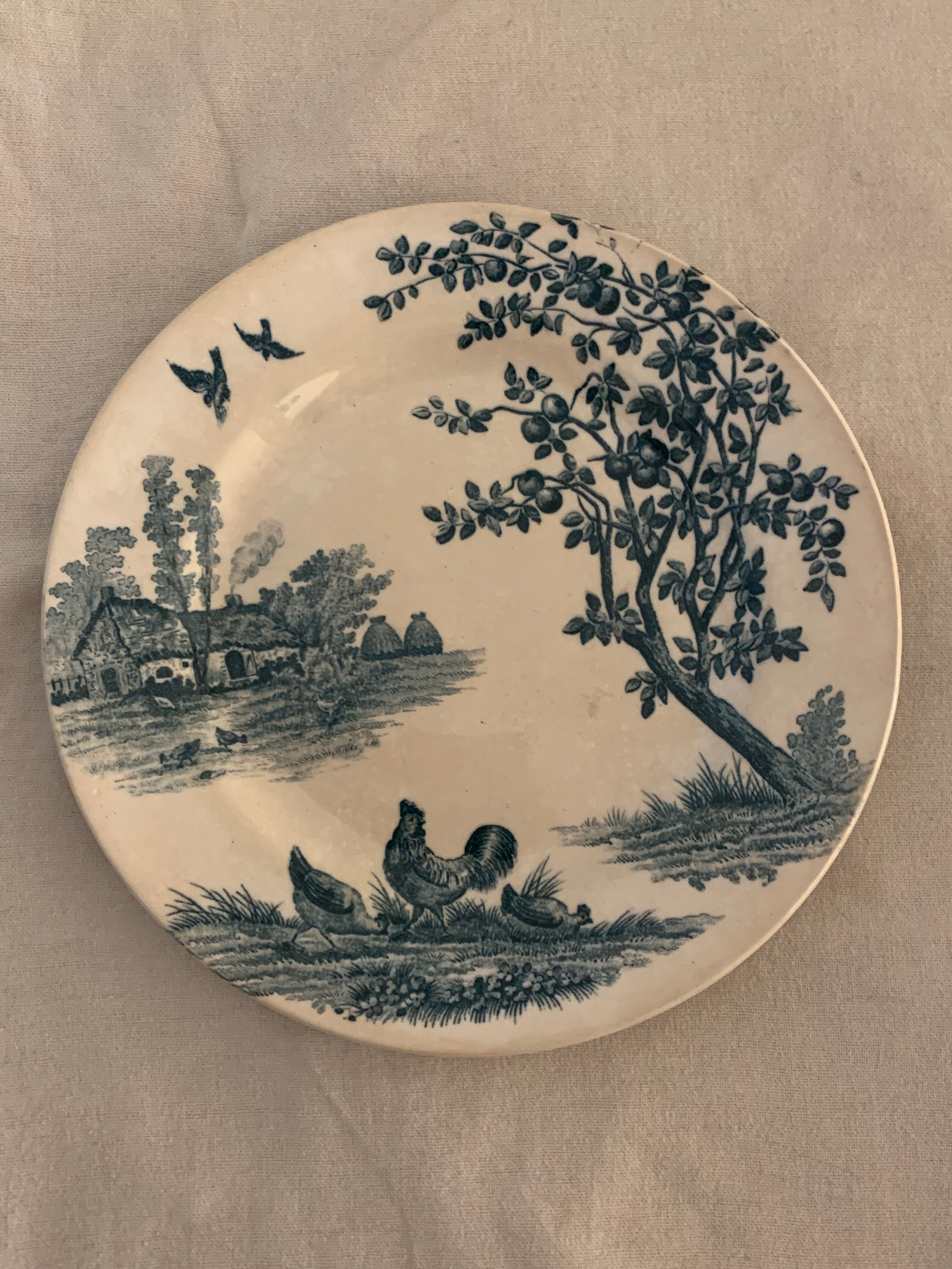 9 dessert plates old chickens, geese and pheasants blue field service Terre de Fer