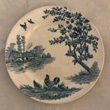 9 dessert plates old chickens, geese and pheasants blue field service Terre de Fer