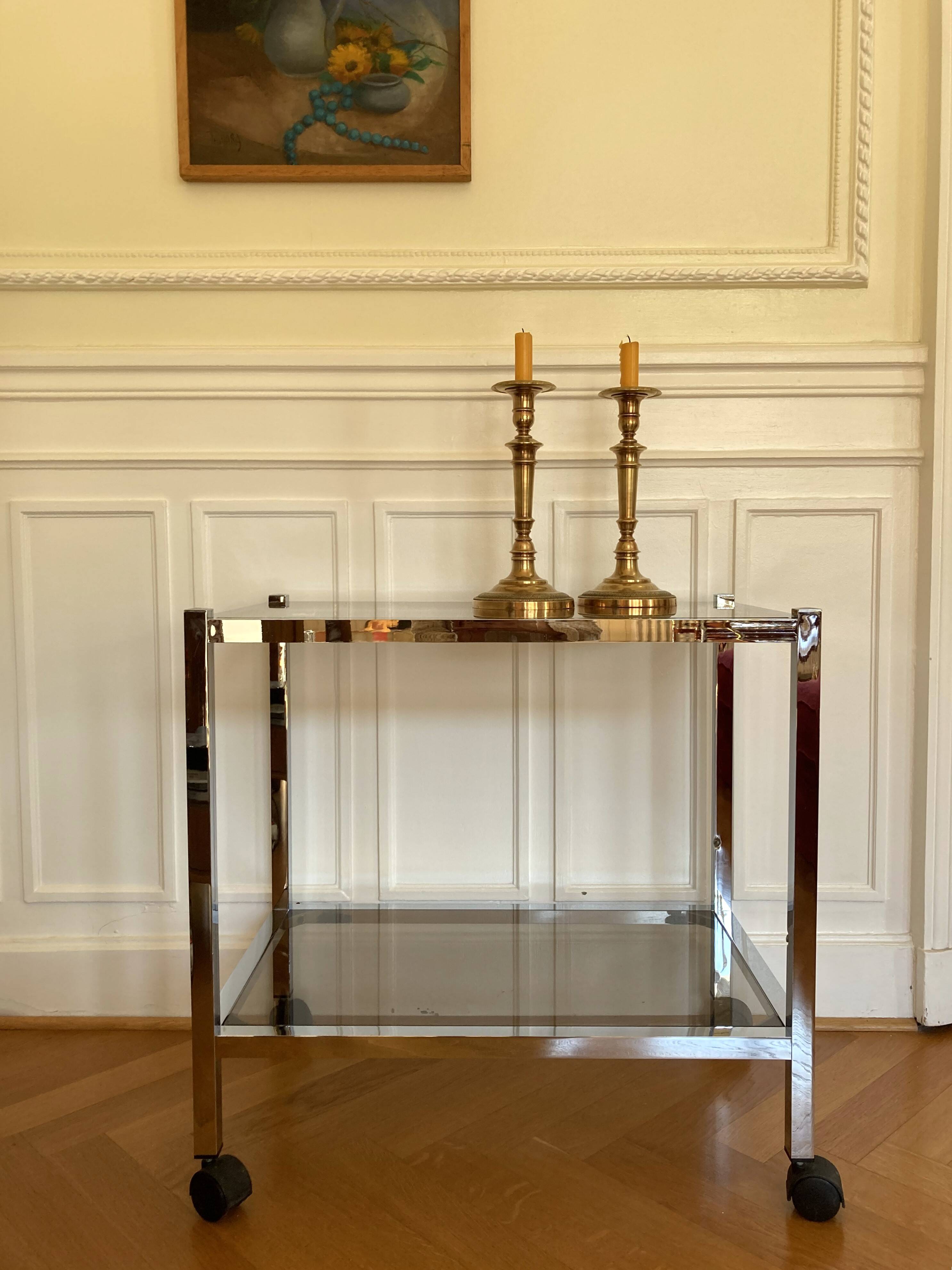 80s chrome and smoked glass trolley