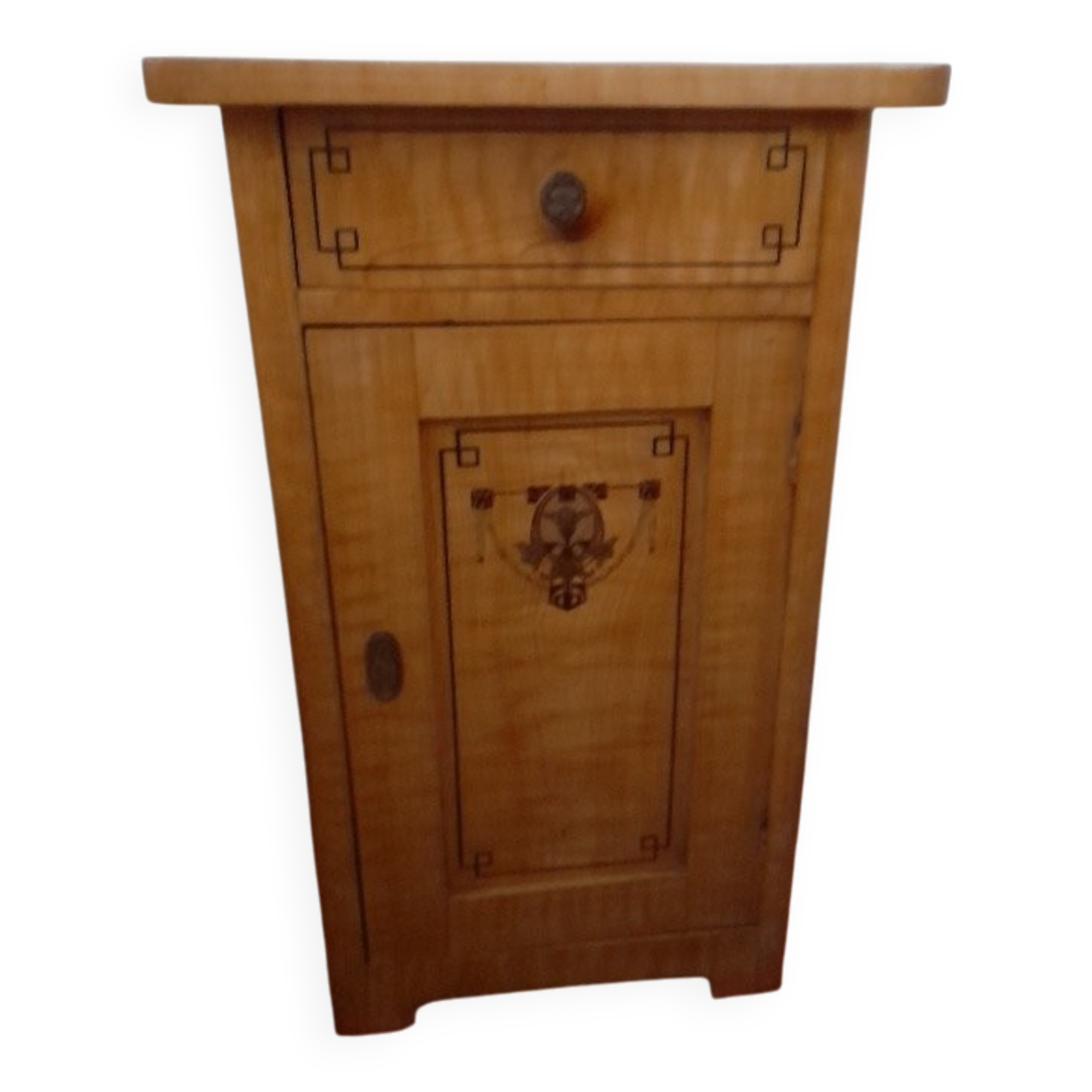 Vintage wooden bedside table painted brown, with a drawer and door, painted decoration from the 1890s.