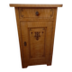 Vintage wooden bedside table painted brown, with a drawer and door, painted decoration from the 1890s.