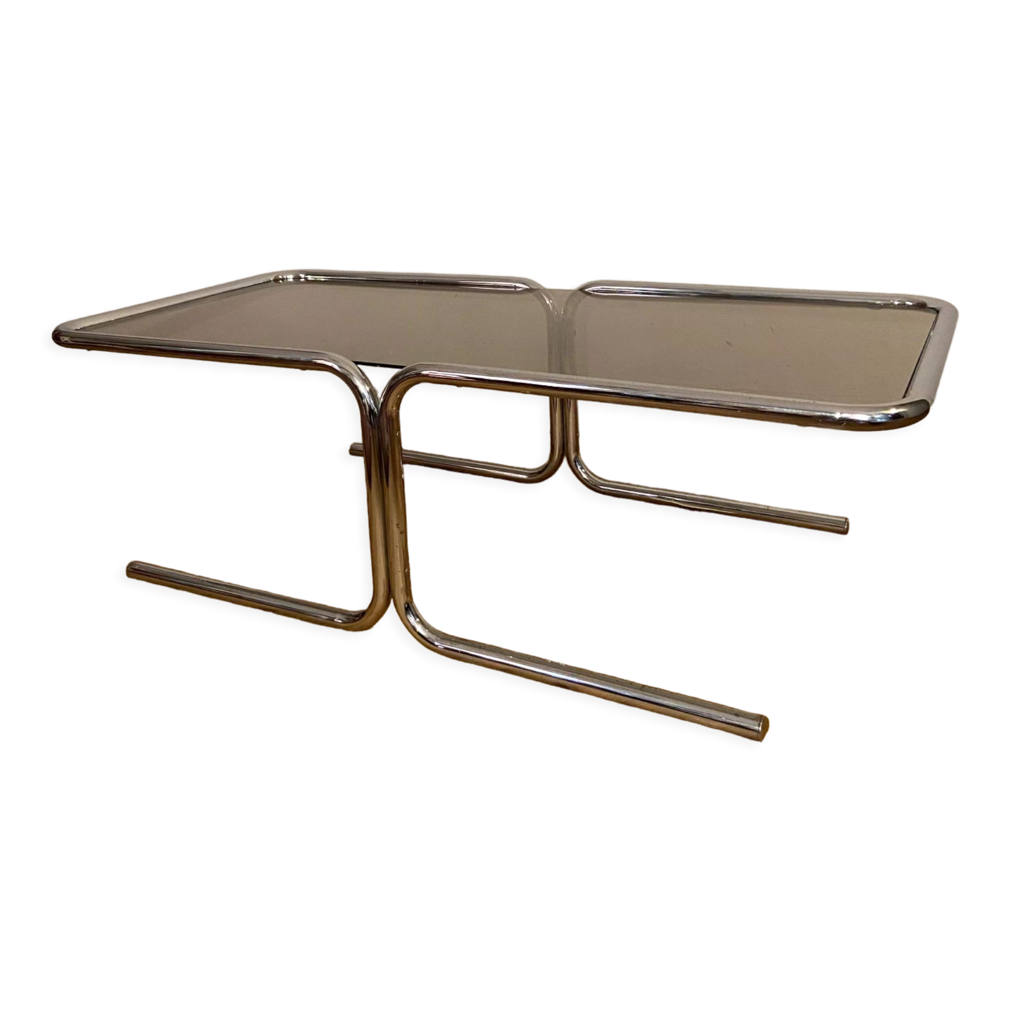 Vintage coffee table in chrome and smoked glass 70s
