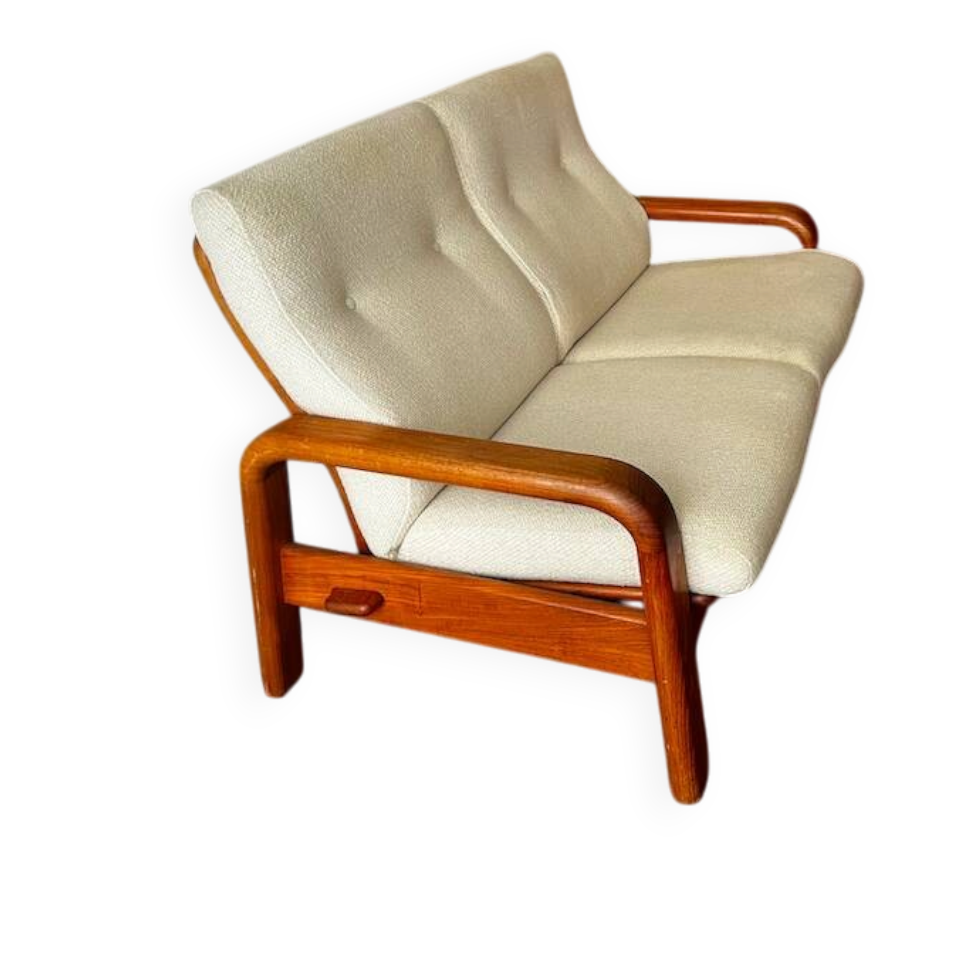 Scandinavian 2-seater bench sofa in teak and wool.
