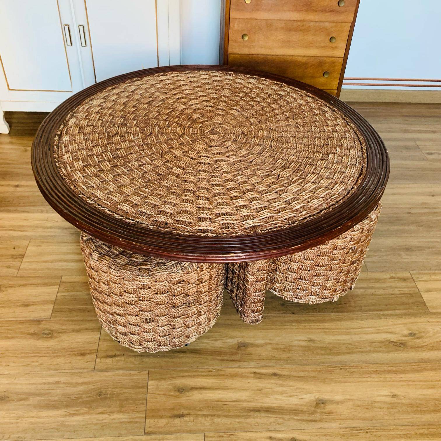 Vintage woven rope and rattan coffee table with 4 stools