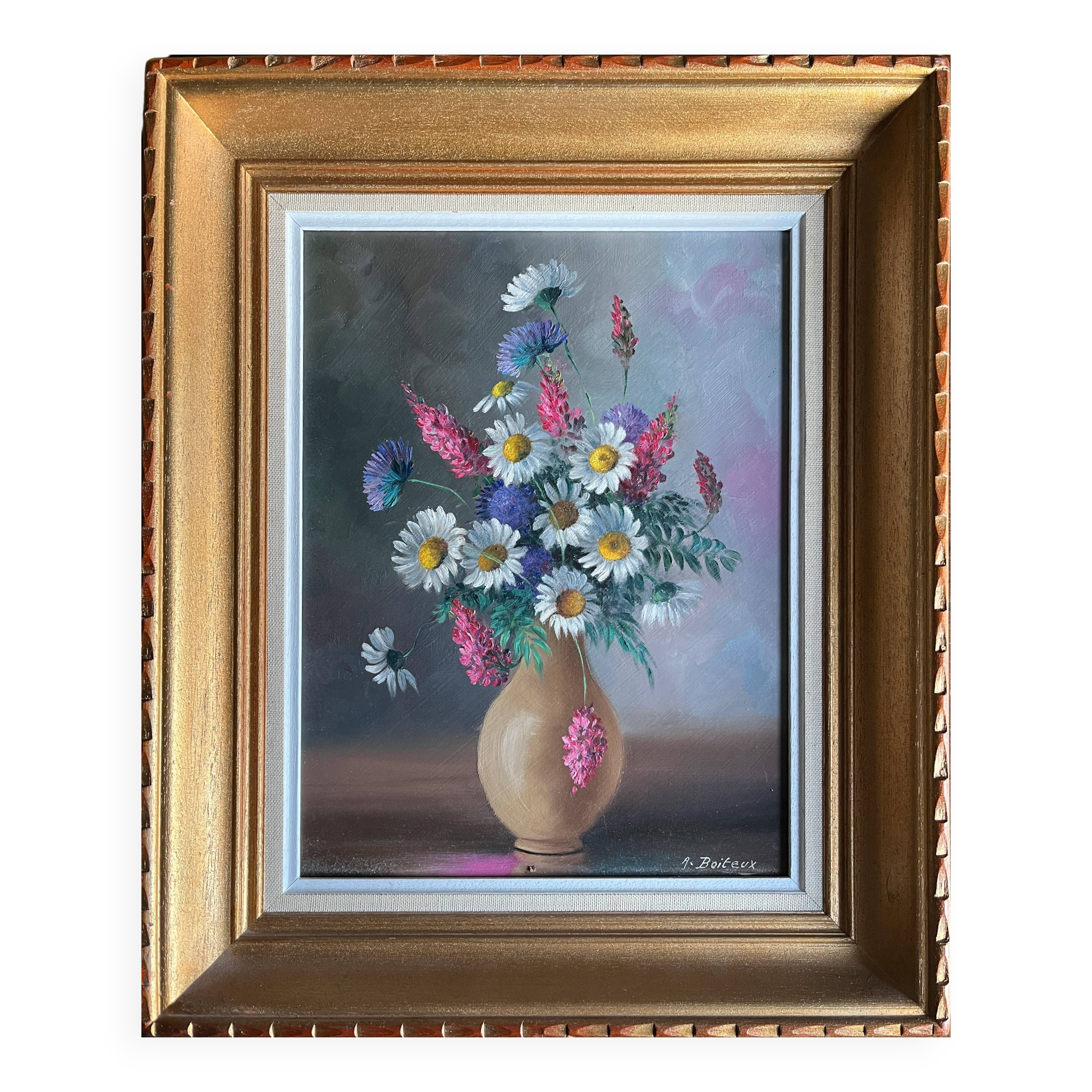 HST painting Bouquet of wild flowers signed Aug. Boiteux + frame