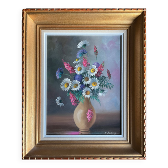 HST painting Bouquet of wild flowers signed Aug. Boiteux + frame