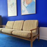 Scandinavian sofa in wood and vintage fabric from the 60s