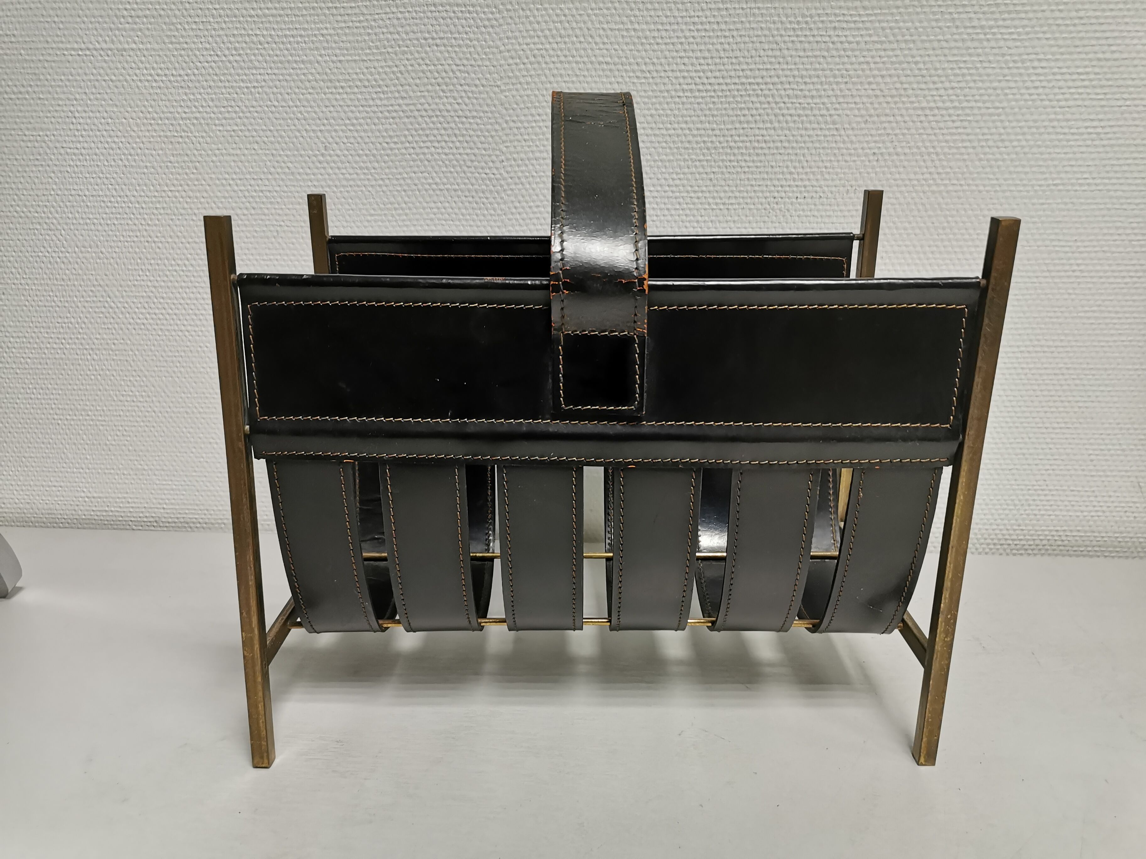 Vintage leather magazine rack, 50s