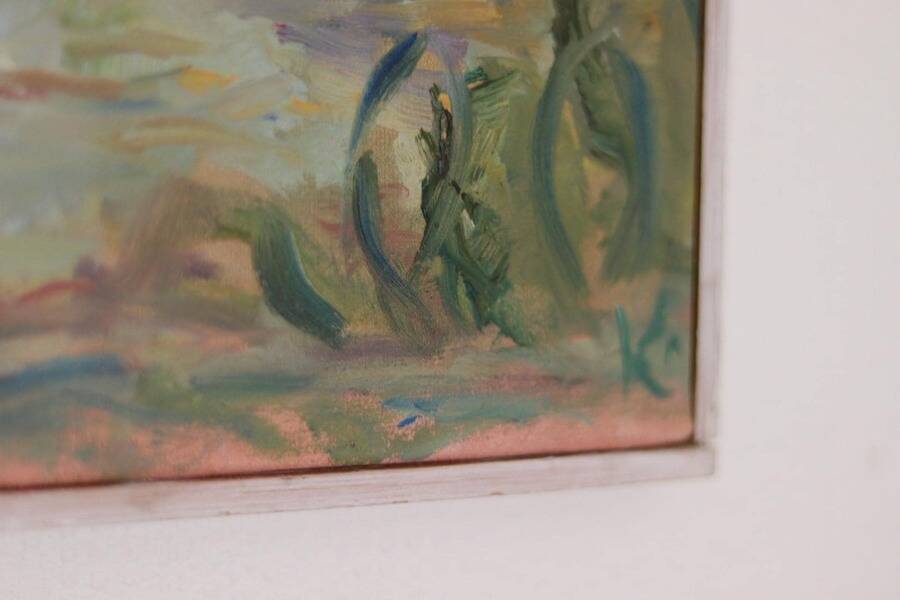 Original Swedish oil on canvas – “Castle” by Karen Heggestad – dated 2002 – vintage & framed – 28 × 33 cm (11.0" × 13.0")