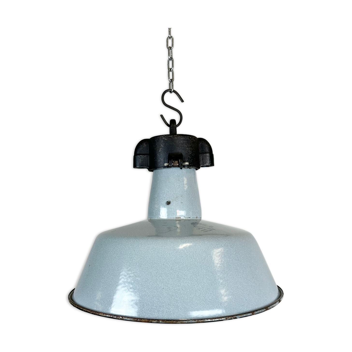 Industrial Grey Enamel Factory Lamp with Cast Iron Top, 1960s