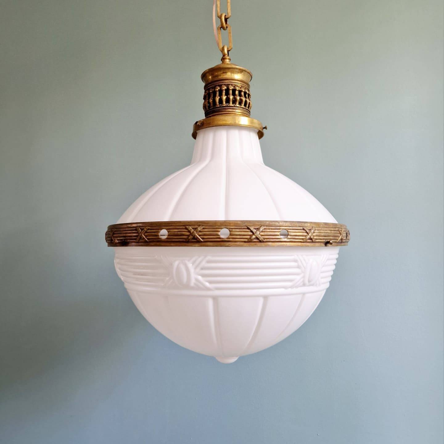 Large Art Deco pendant light in milk glass and brass, 1920s