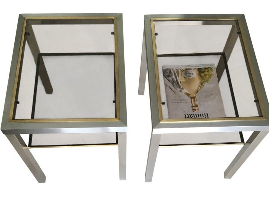 Pair of Brushed Steel Side Tables, Smoked Glass by Guy Lefèvre