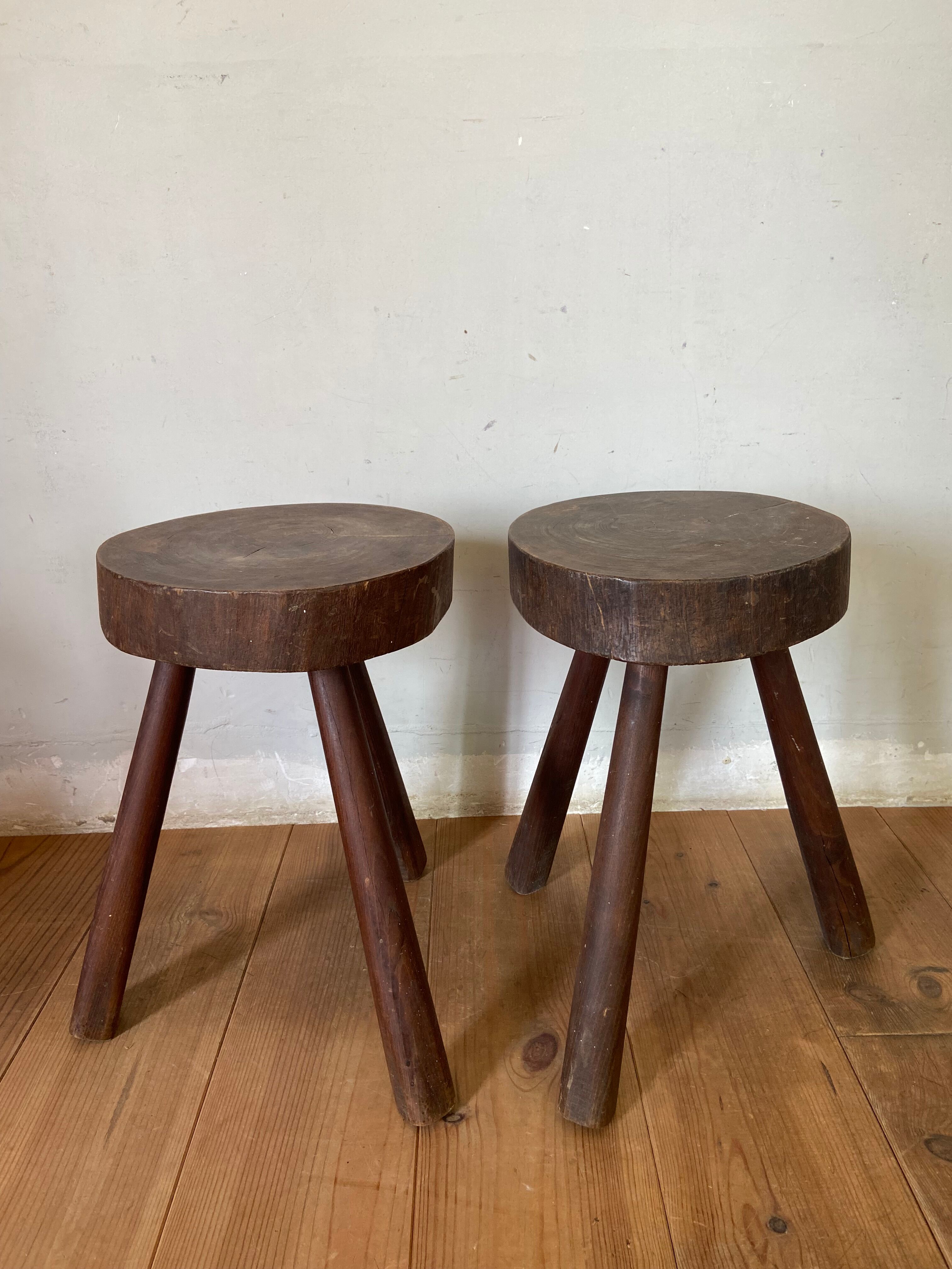 Pair of brutalist stool in solid oak 60s