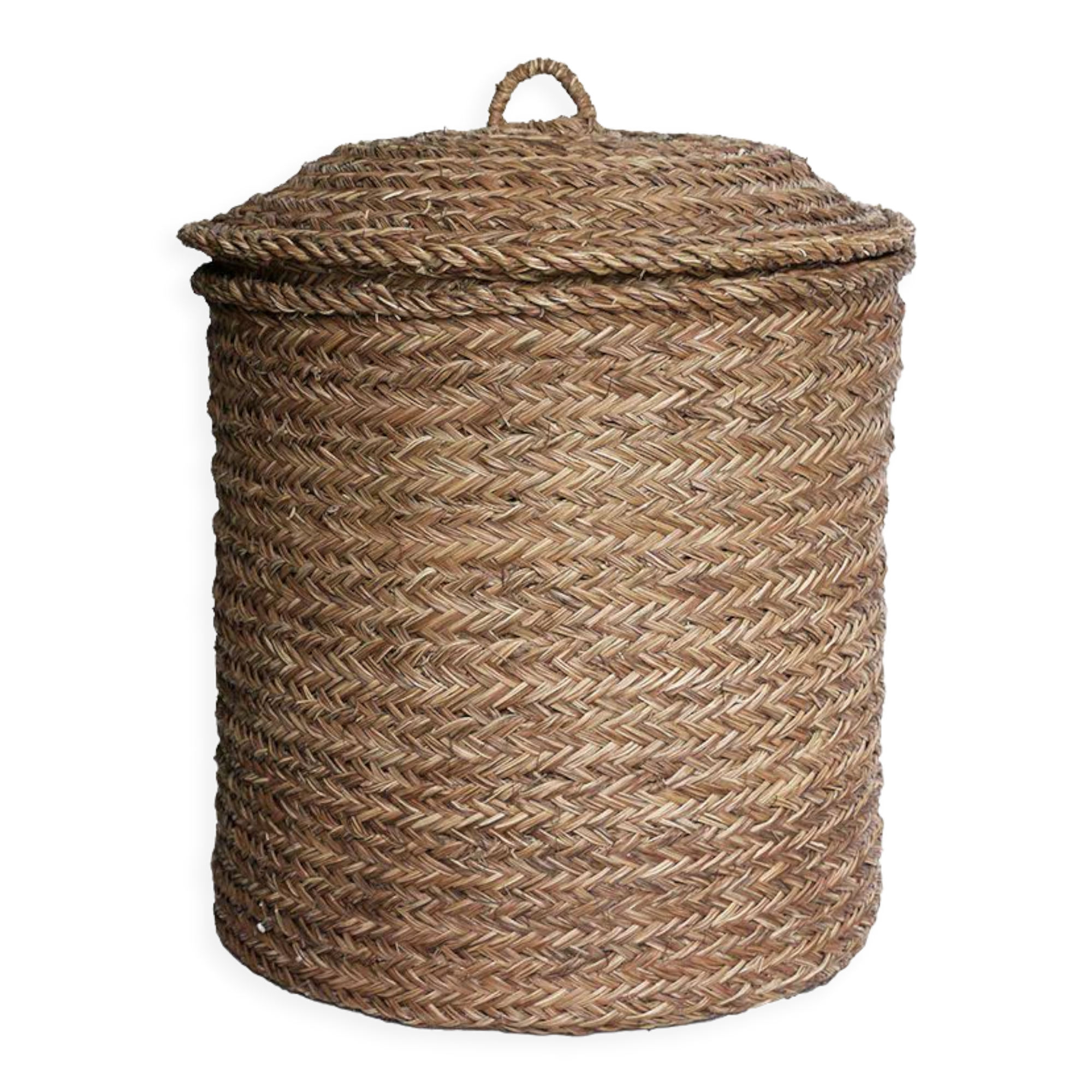 Hand-woven laundry basket in natural rush
