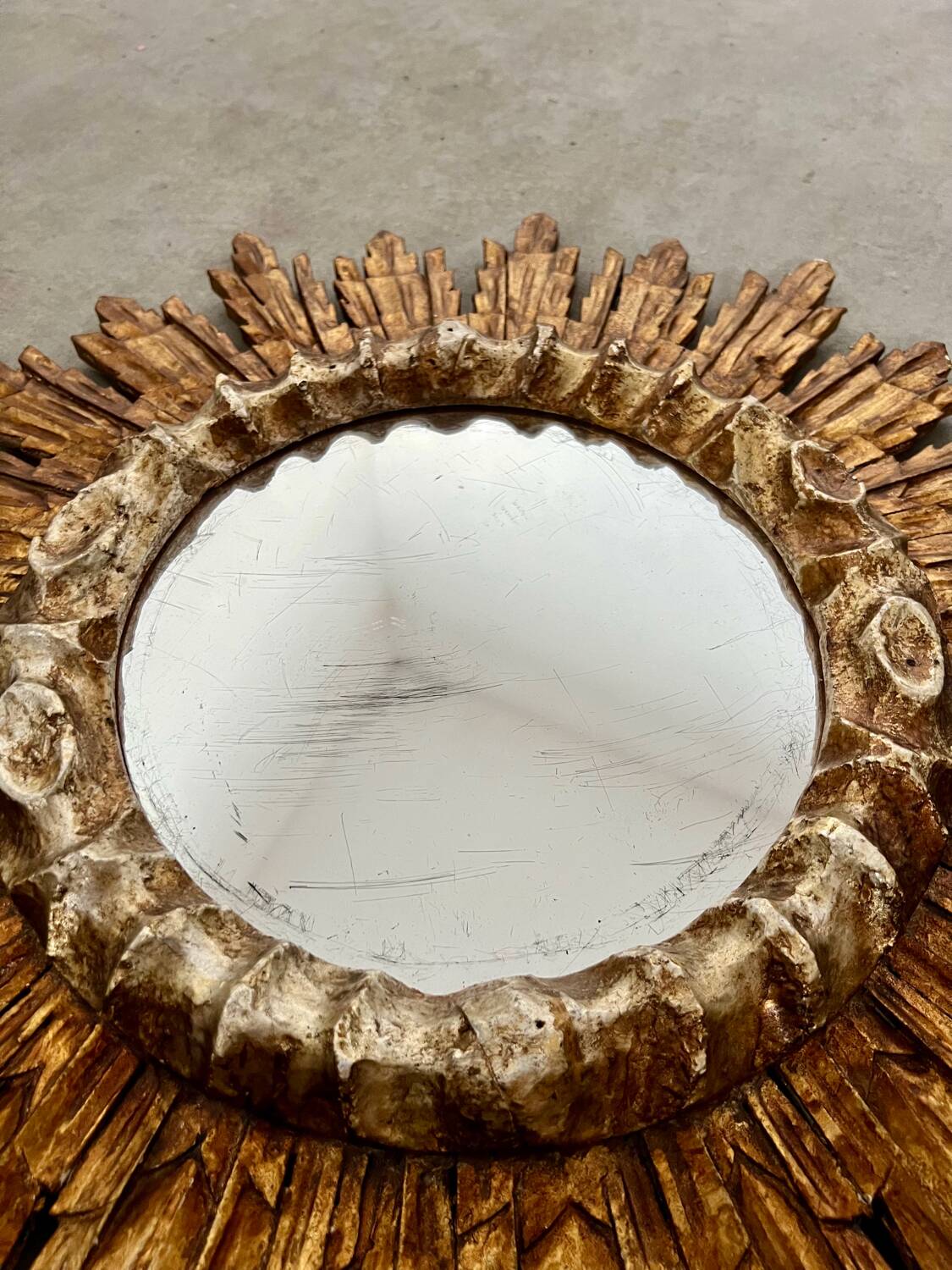 Old golden wooden sun mirror large size vintage 50s design