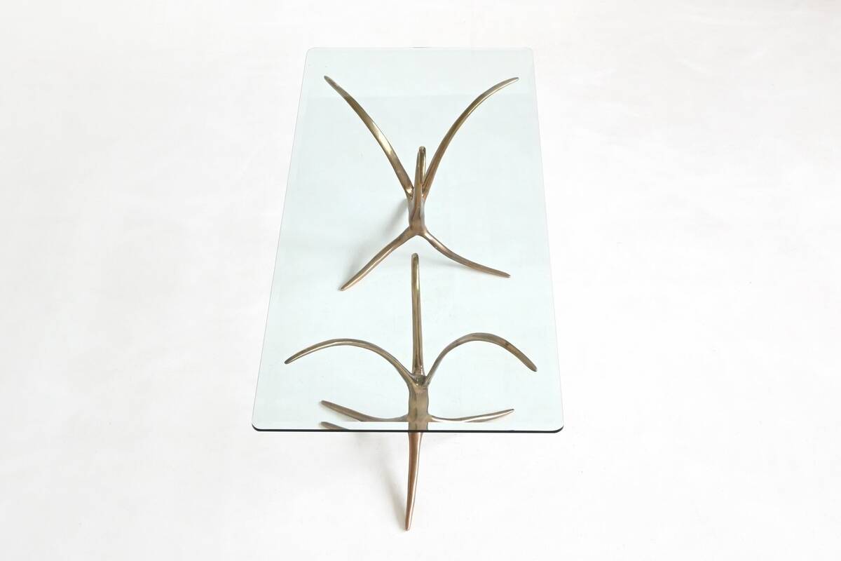 Unique sculptural dining table in bronze and glass, Belgium 1970.
