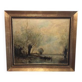 Oil on canvas signed, entitled la pêche en barque auprès des saules