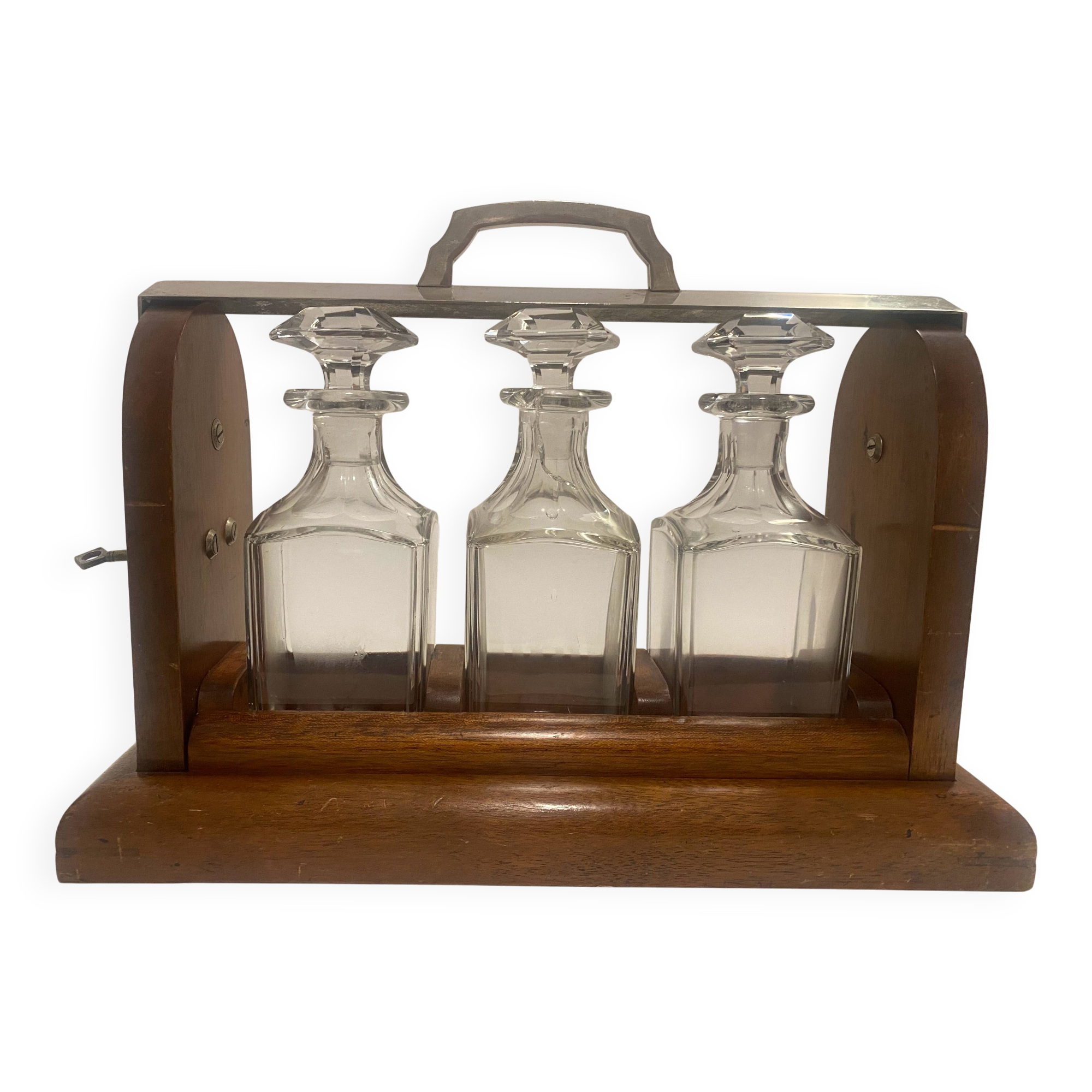 Portable Art Deco liquor cabinet in mahogany & metal with 3 Baccarat crystal bottles.