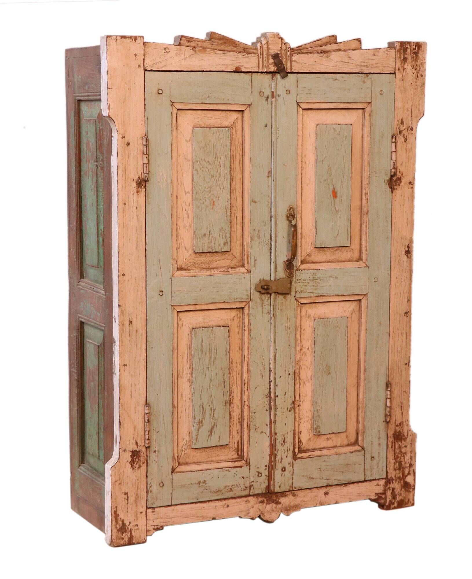 Old art deco cabinet in original turquoise-pink patina Burmese teak