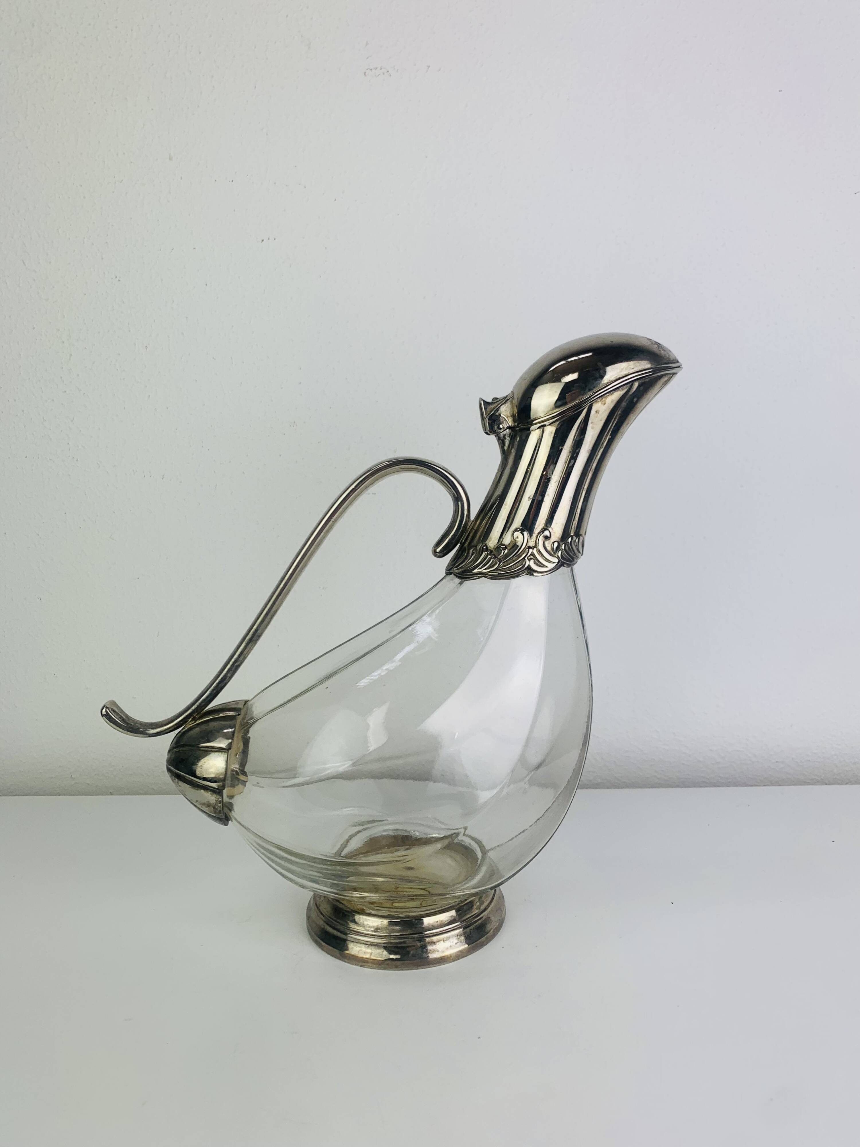 Silver-plated wine carafe jug, duck