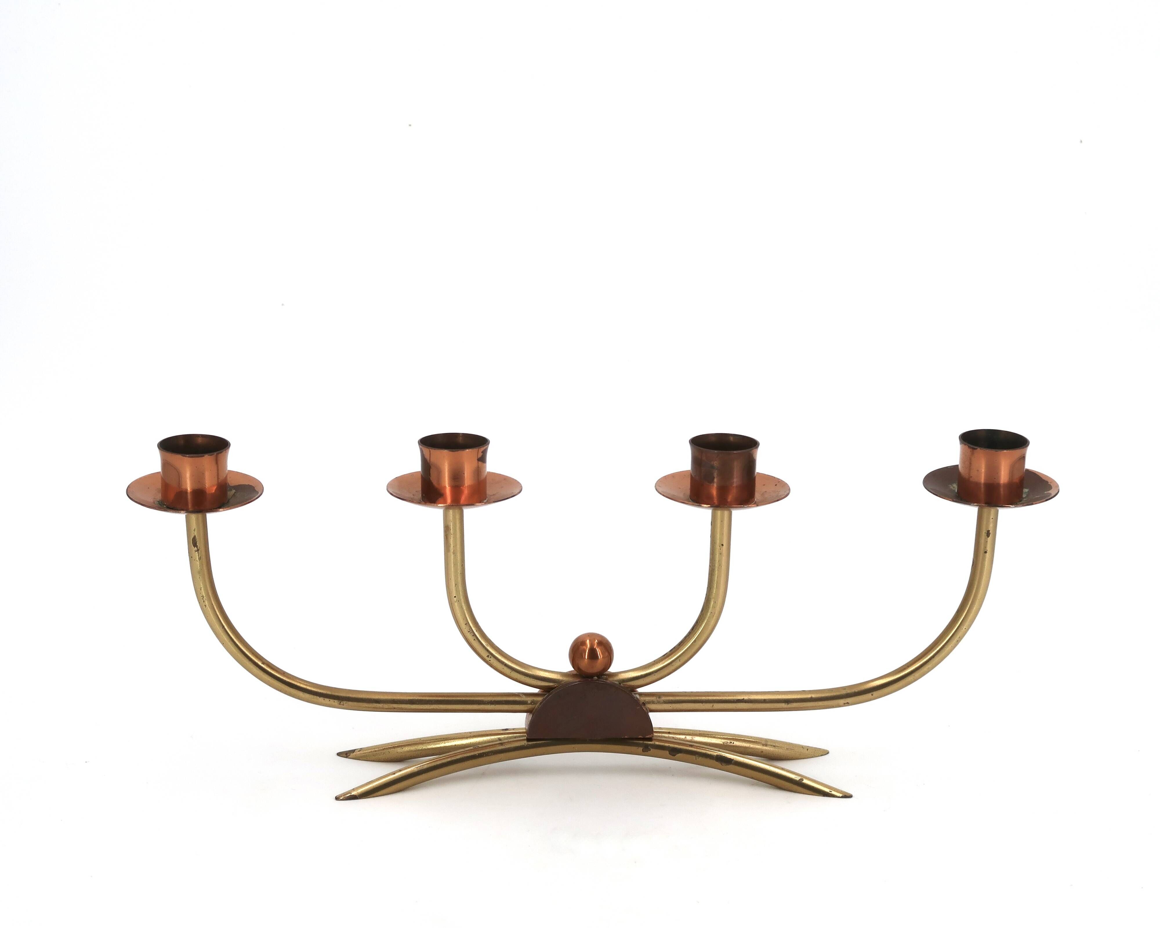 Scandinavian four-branch candlestick in copper and brass, 1950s
