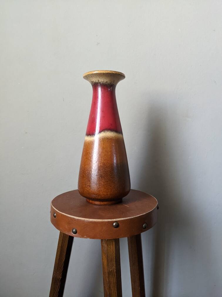West German ceramic vase, country decoration, brown & red