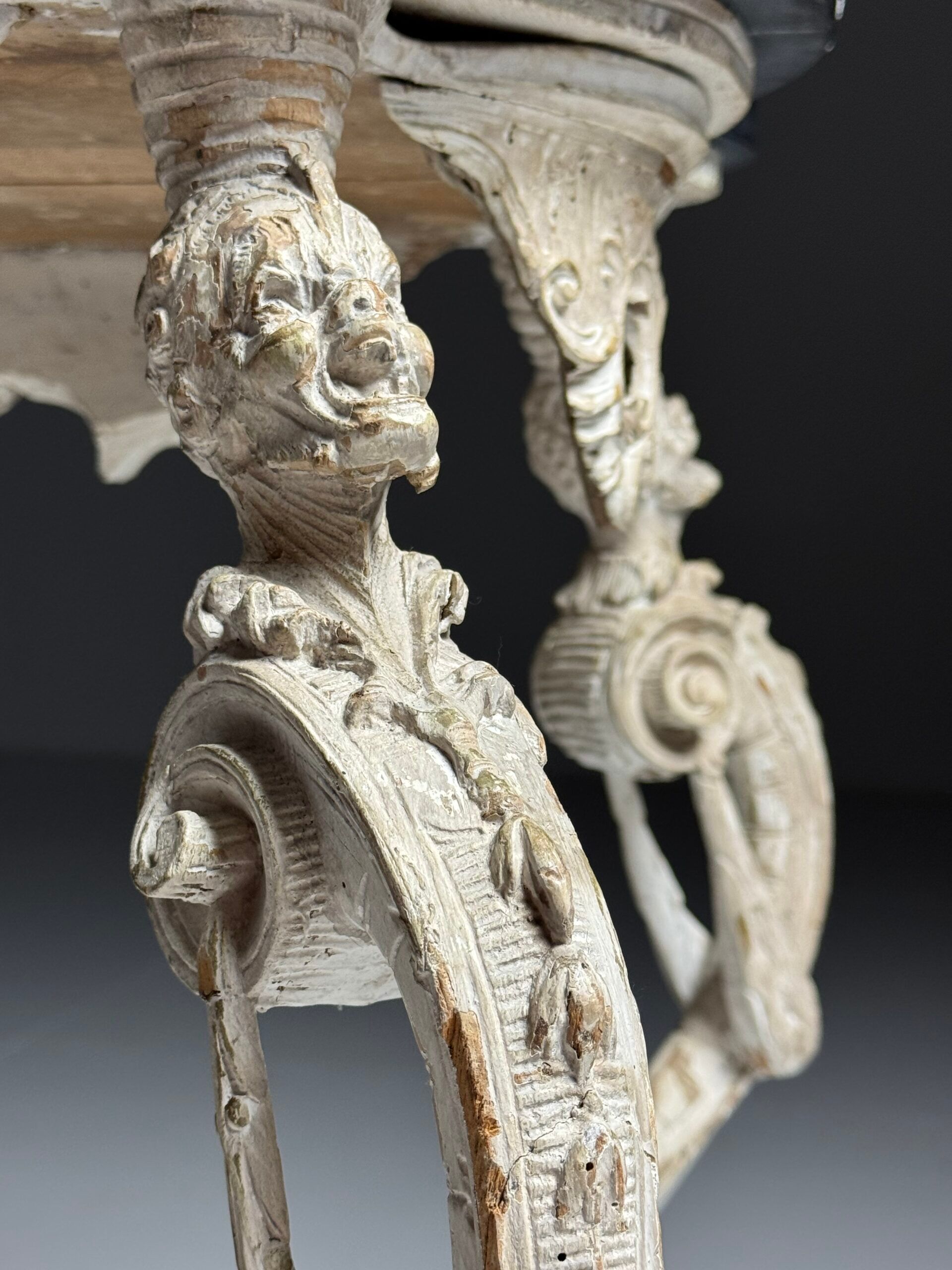 French side table hand-carved wood with marble top