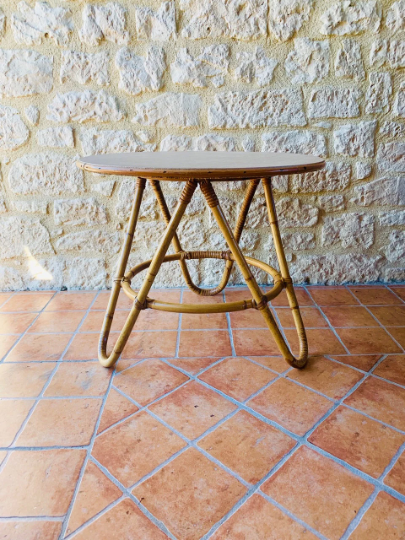 Coffee table in rattan and vintage bamboo, circa 60's