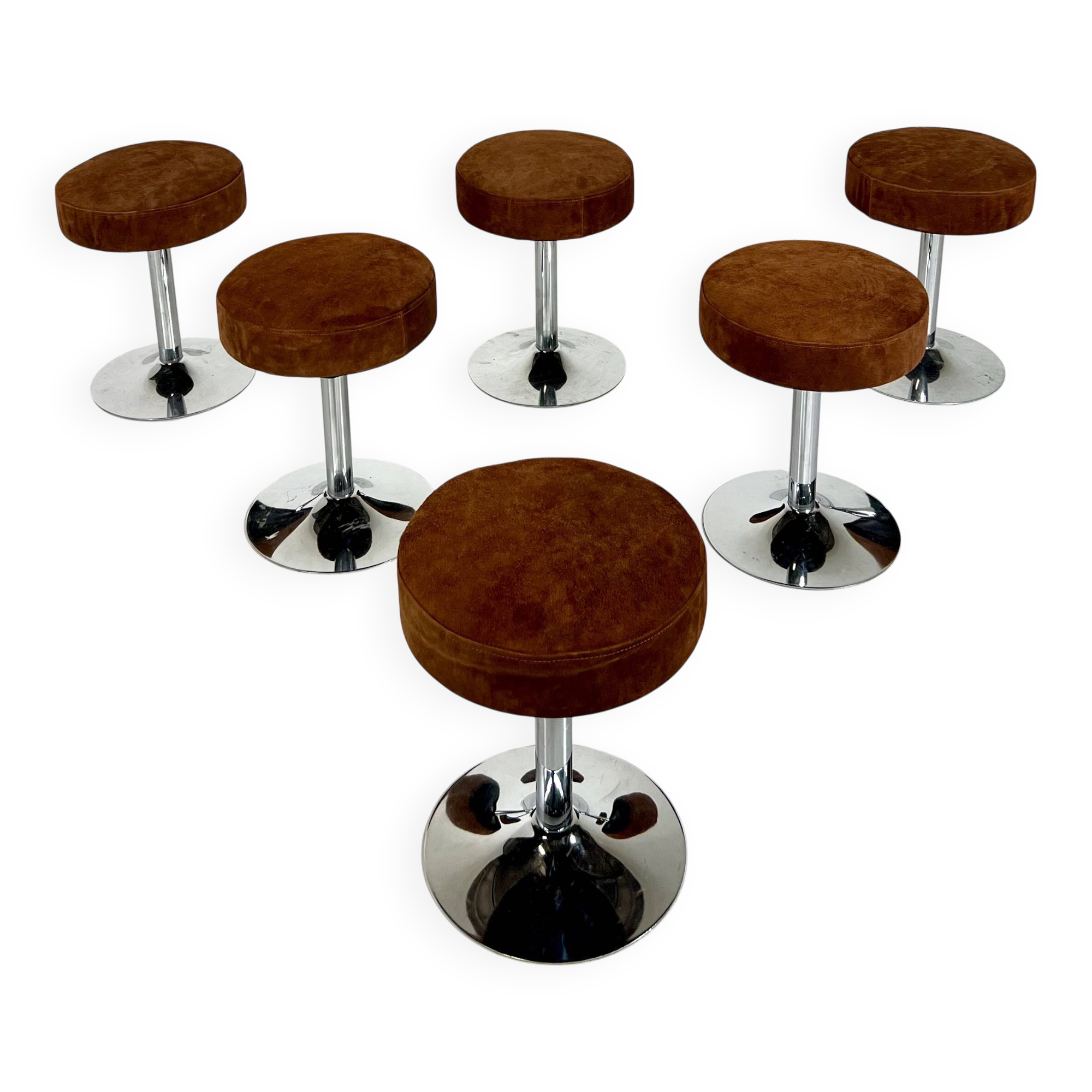 Mid-Century Stools, Chrome & Brown Leather Seat, 1970s, Set of 6