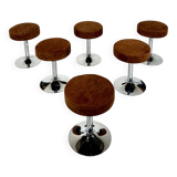Mid-Century Stools, Chrome & Brown Leather Seat, 1970s, Set of 6