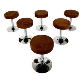 Mid-Century Stools, Chrome & Brown Leather Seat, 1970s, Set of 6