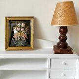 Old frame curved glass square dried flowers and fabric