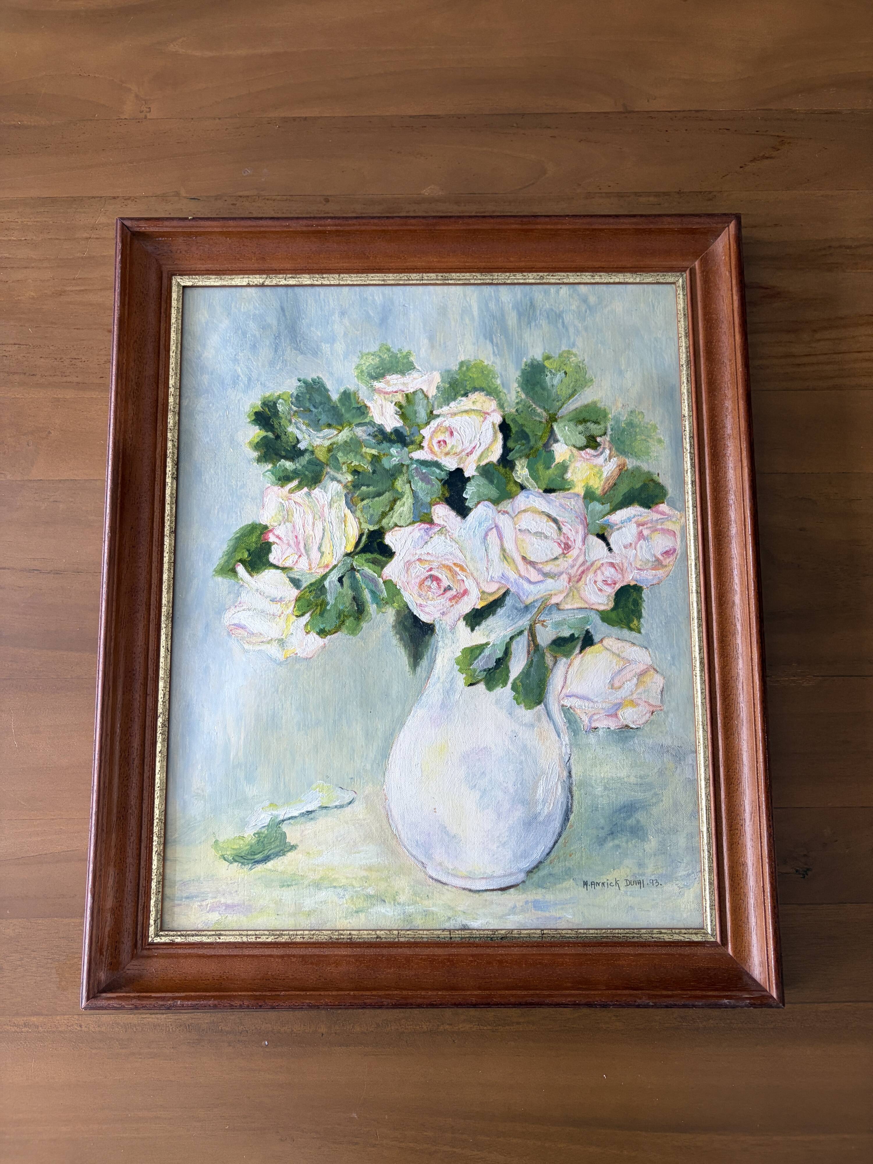 Oil painting / vintage framed rose flowers