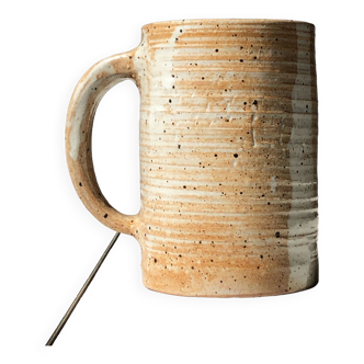Large mug/cup with handmade ceramic handle, orange and white spotted stone style TBE