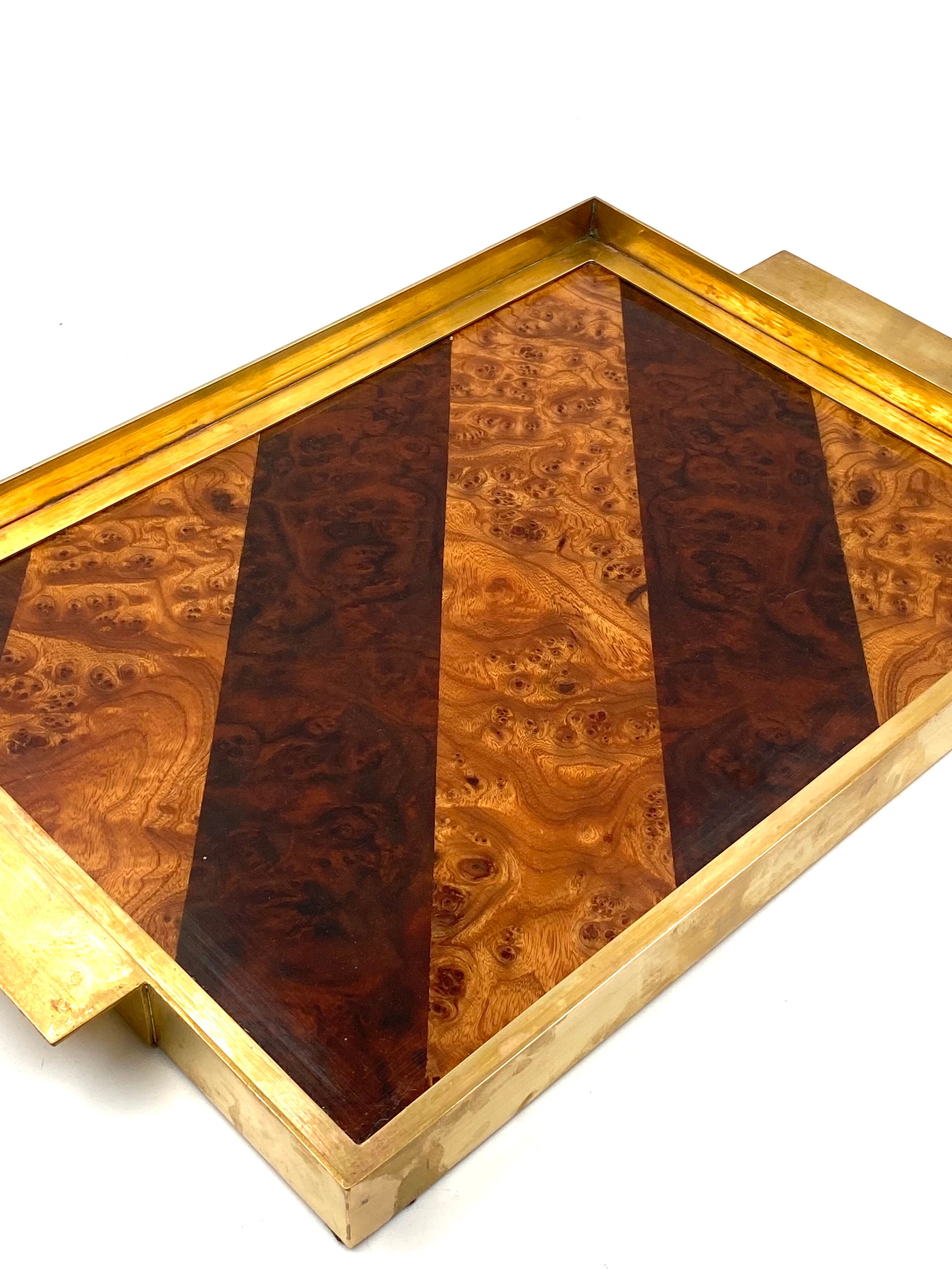 Brass and inlaid woods tray, italy 1970s