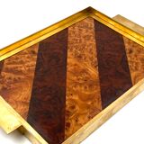 Brass and inlaid woods tray, italy 1970s