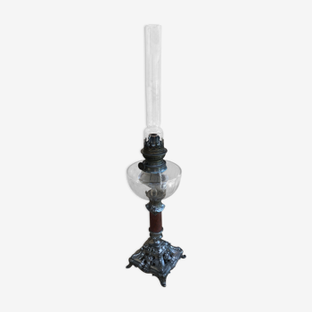 Ancienne lampe pétrole piédestal métal marbre & corps cristal + tube vintage