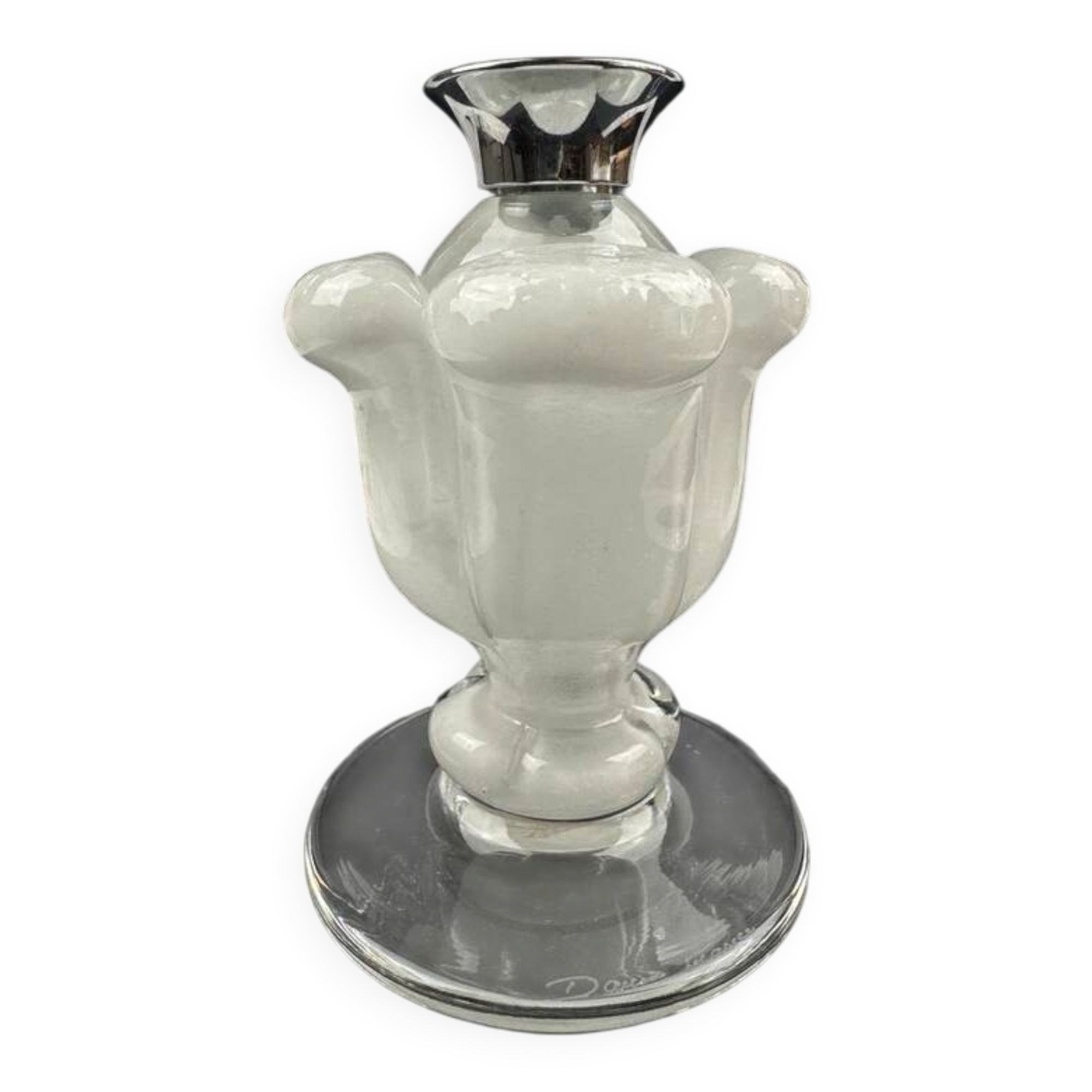 Daum France candle holder in frosted crystal and chrome-plated metal frame, height 15 cm