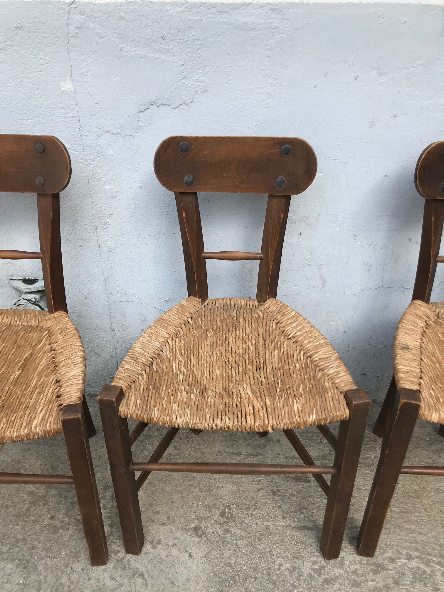 Set of 4 brutalist chairs wood and rope, popular art