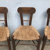 Set de 4 chaises brutalistes bois et corde, art populaire