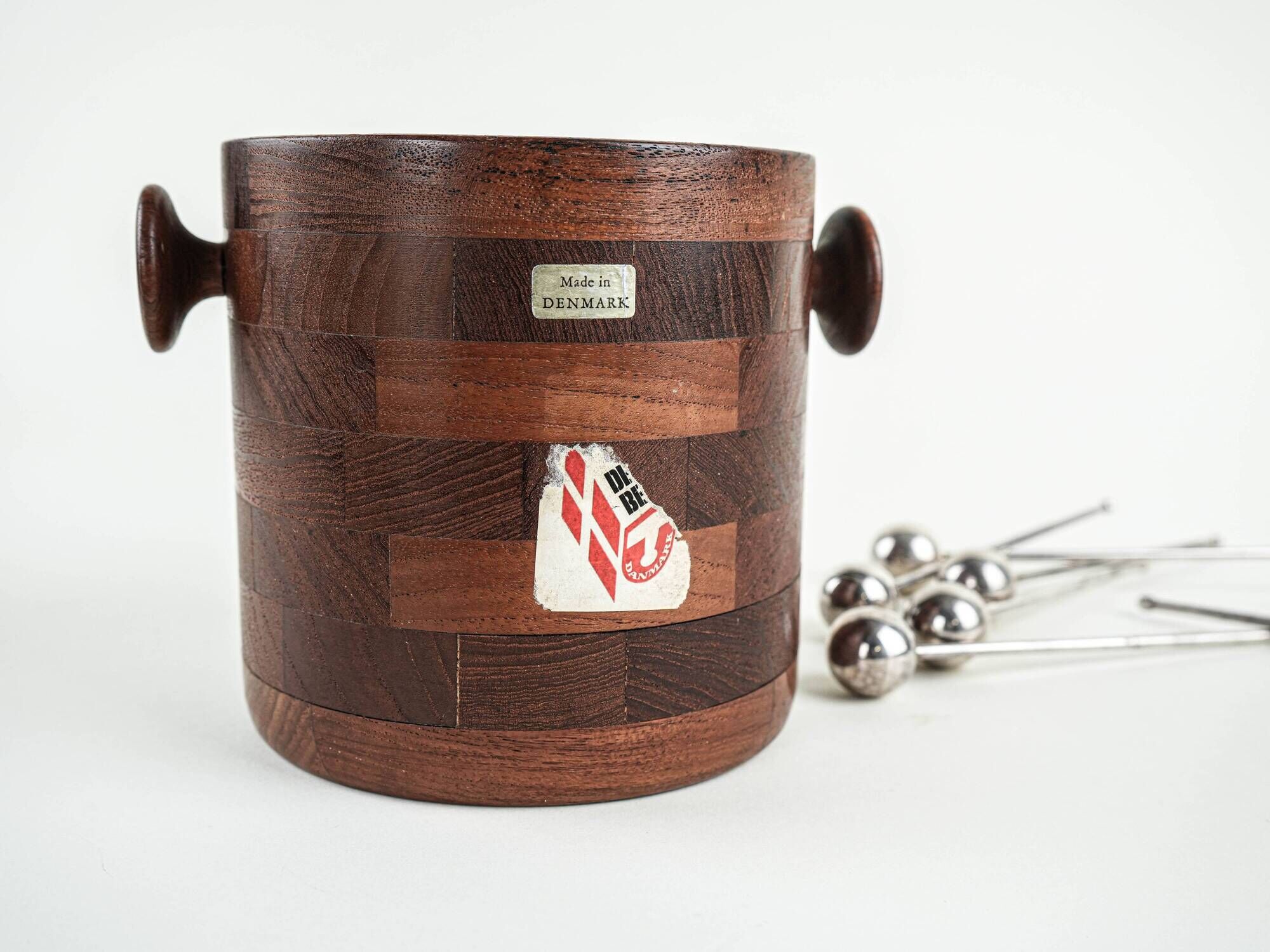 Danish teak and steel ice bucket, 1970s, Scandinavian Modern barware