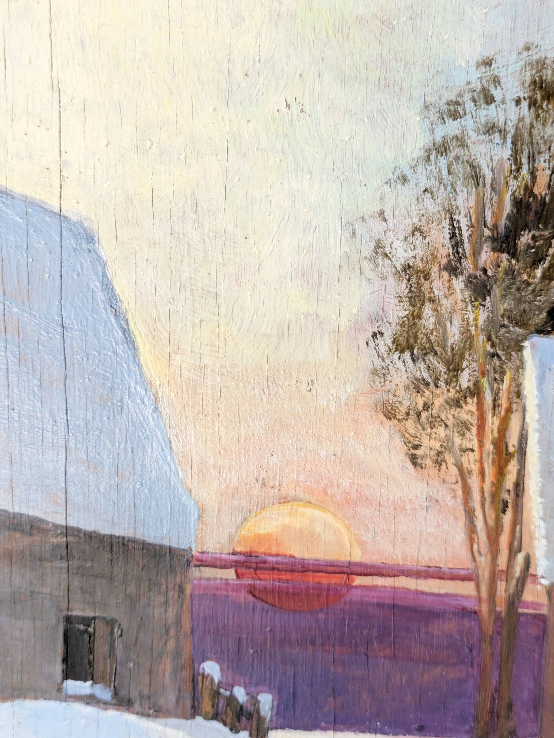 Vintage oil painting, rural winter landscape, 1960s