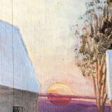 Vintage oil painting, rural winter landscape, 1960s