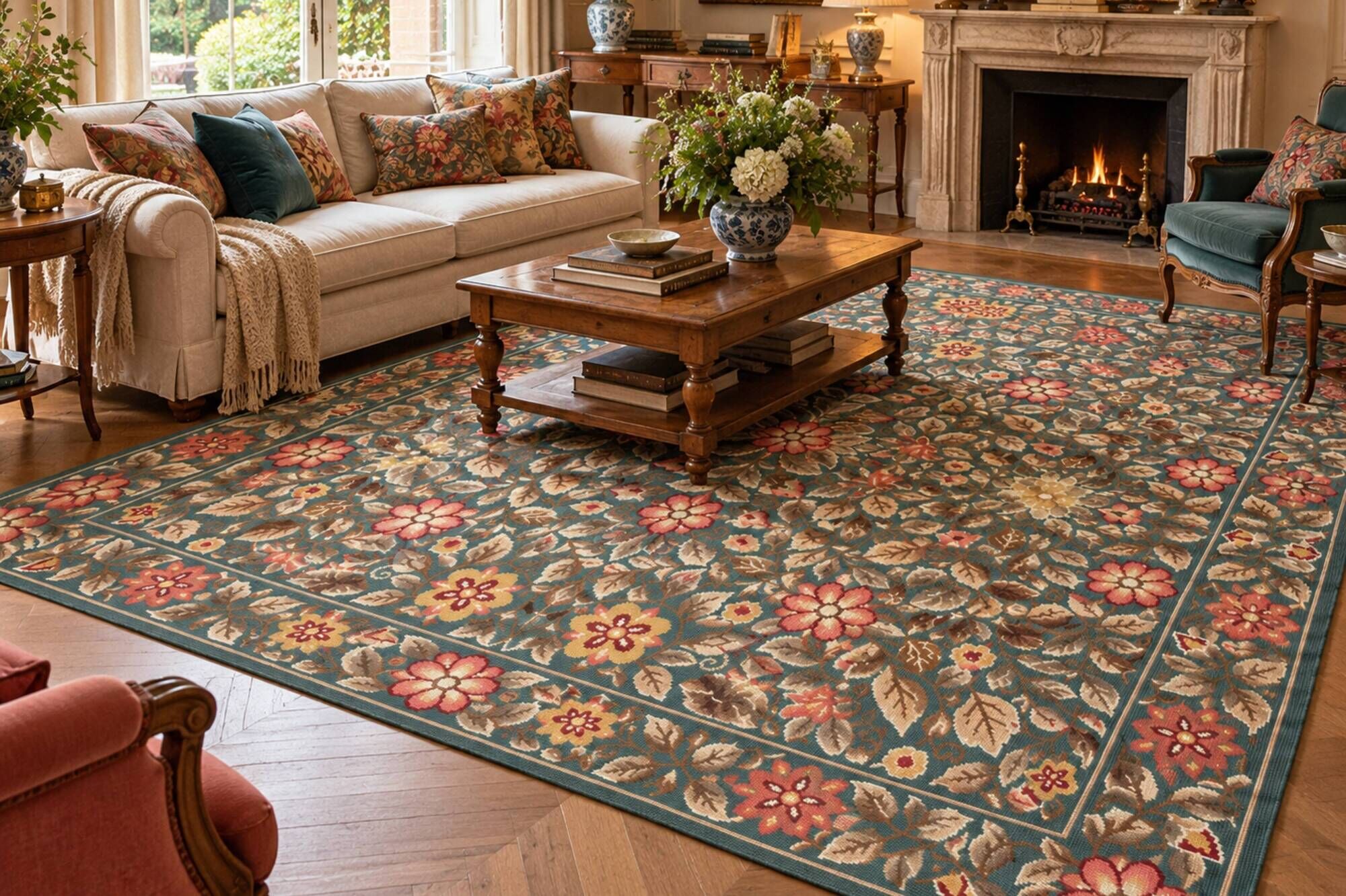 Large Floral Needlepoint Rug 217x277cm Teal Green Traditional Flatweave Carpet