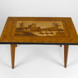 African Midcentury coffee table in inlaid wood, circa 1960